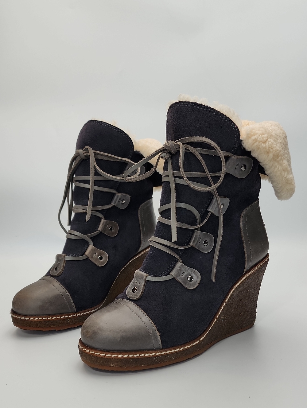 Australia Luxe Collective Blue Mona Wedge Boot Leather With Sheep Fur Size Sz 8